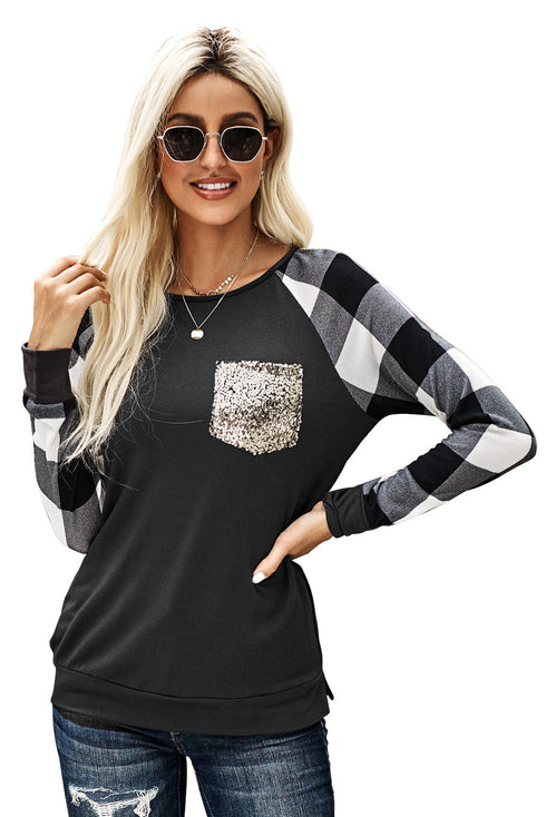 Plaid Splicing Sequined Pocket Long Sleeve Top